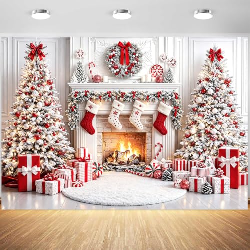 12x10ft Christmas Fireplace Photo Backdrop Winter Xmas Tree Stockings Gifts Background Kids Holiday Party Banner Portrait Photobooth Party Banner Decorations Photo Studio Props