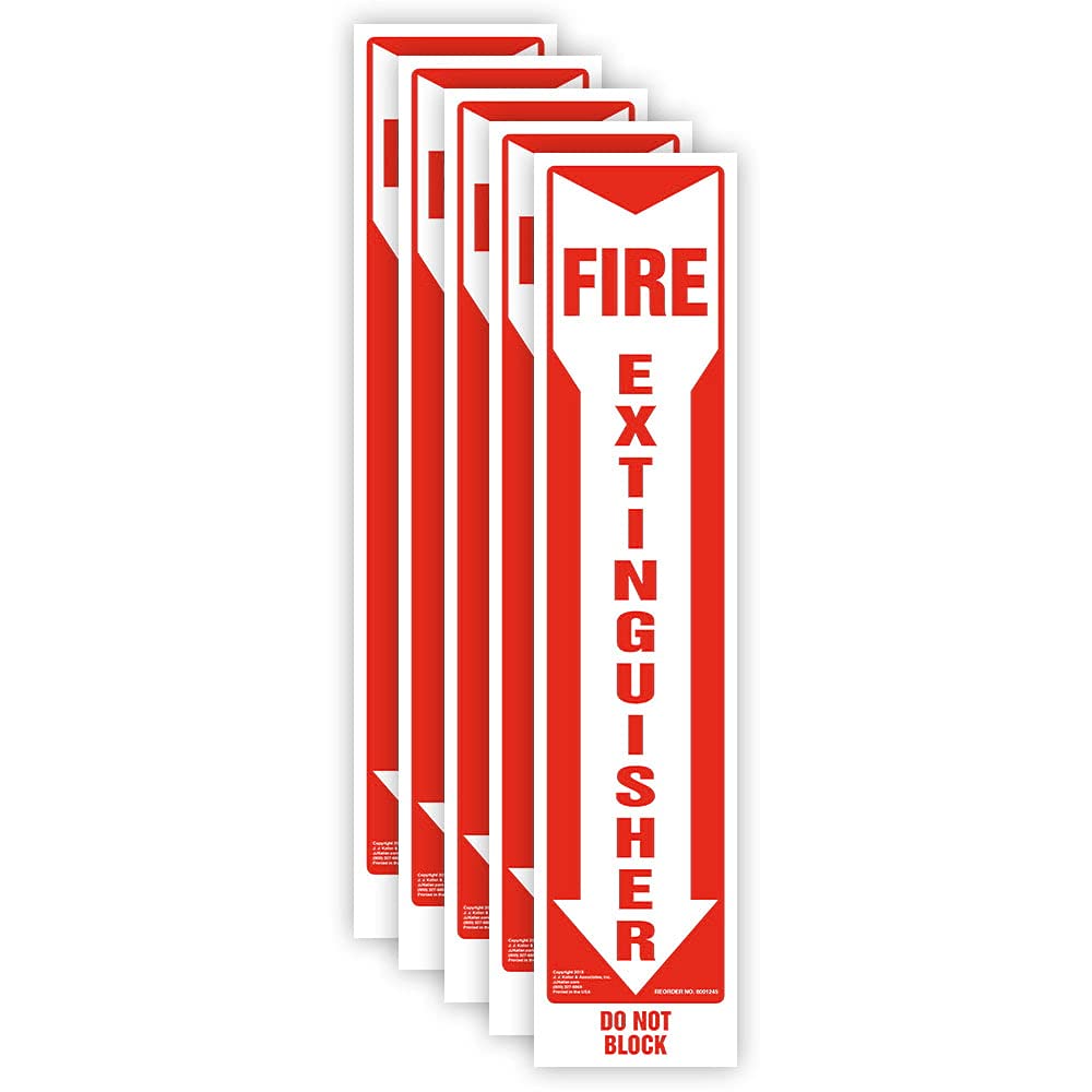 Fire Extinguisher, Do Not Block Sign 5-pk. with Vertical Red & White Down Arrow - J. J. Keller & Associates - 3" x 13.5" Permanent Self Adhesive Vinyl with Rounded Corners