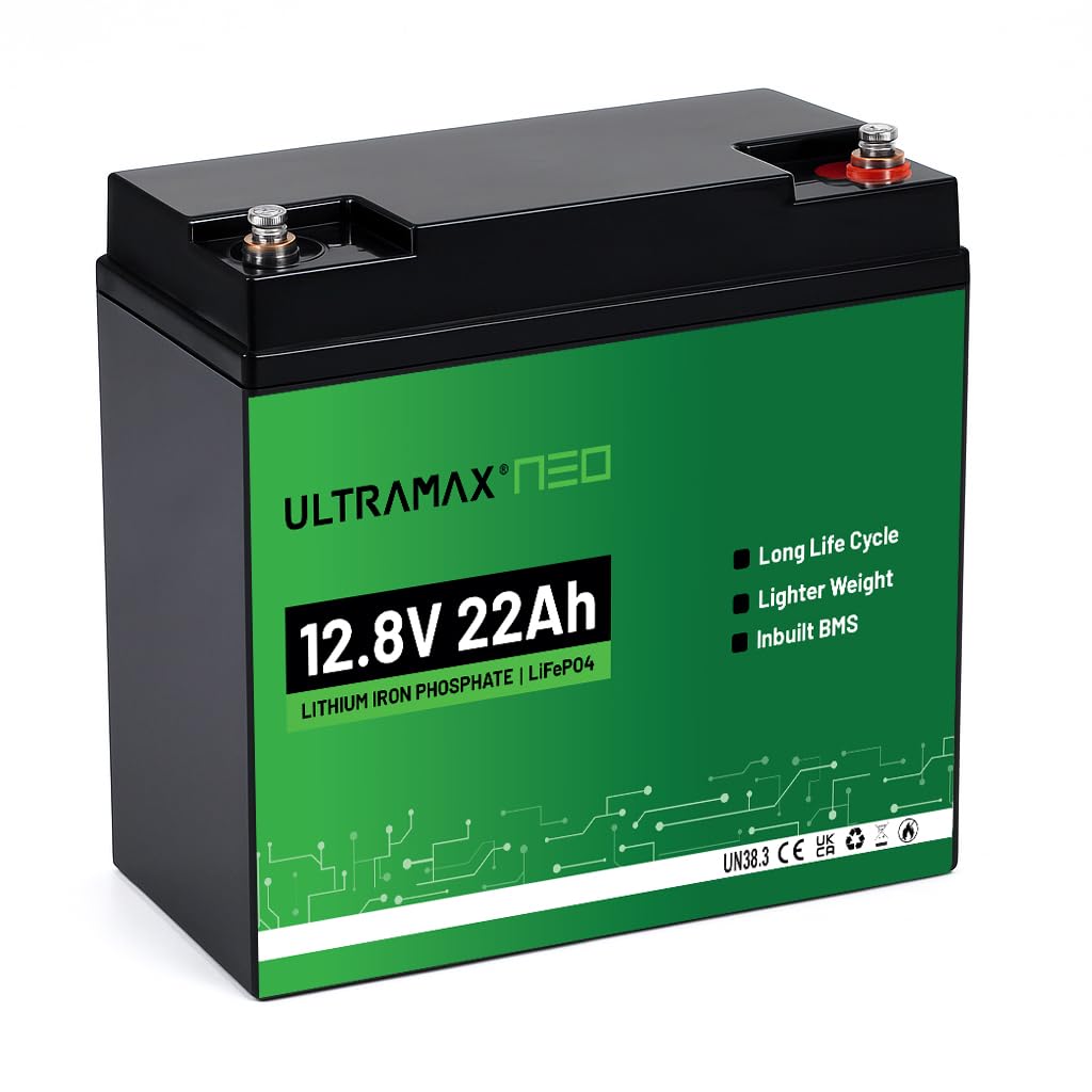 ULTRAMAX Neo LiFePO4 Batterie au lithium 12,8 V 22 Ah | Plus de 10 000 cycles, durée de vie de 10 ans | Protection intelligente BMS | Bornes M6 | Remplacement pour SLA/AGM | UPS, marine, sécurité et