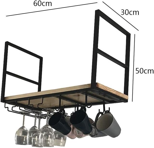 Single-Layer Solid Wood Hanging Shelf, Black Wrought Iron Ceiling Frame, Restaurant Bar Storage Rack, Upside Down Wine Glass Rack 4 Sizes (Size : 60 * 30 * 50cm)