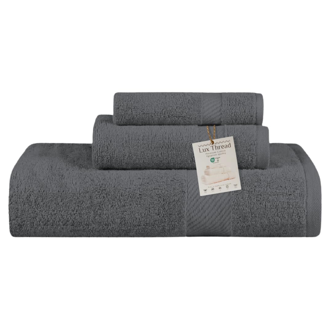 Lux Thread Egyptian Cotton Towel Set - 3 Piece | Ultra Soft 100% 600 GSM Towels | 1 Bath, 1 Hand, 1 Washcloth | Quick Dry, Durable for Bathroom, Home,