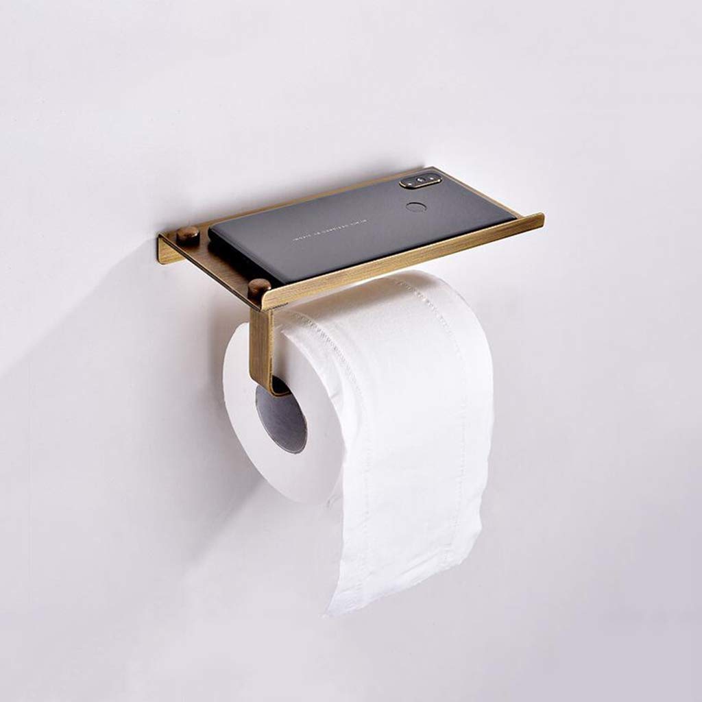 Portarrollos de papel higiénico - Portarrollos de papel higiénico de latón antigo de latón antiguo - Colgador de papel higiénico con estante para guardar el teléfono móvil - Montaje en pared