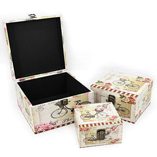 Jolitac Wooden Storage Box Set Of 3, Vintage Decorative Boxes With Lid Home Decor, Wood Storage Nesting Boxes ​With Latch, Rustic Antique Box Set For Keep Photos, Jewelry, Cash (Bike) #TOP1