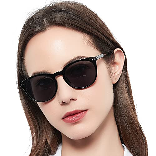 Image of MARE AZZURO Round Bifocal Reading Sunglasses Women Large Outdoor Readers 100 150 200 250 300 350 (Black, 1.50)