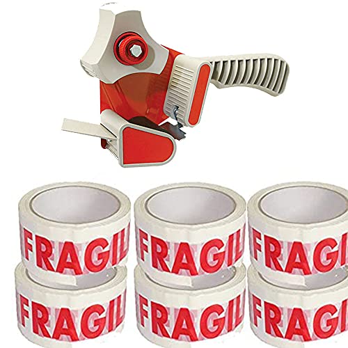 TAPE GUN WITH 6X FRAGILE TPAES 48MM WIDE TAPES PACKAGING TAPE FOR PARCELS AND BOXES HEAVY DUTY STRONG SECURE AND STICKY SEAL IDEAL FOR ANY OFFICE OR HOME