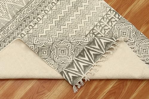 Tapis carré en coton dhurrie beige et gris lavable et durable - 8