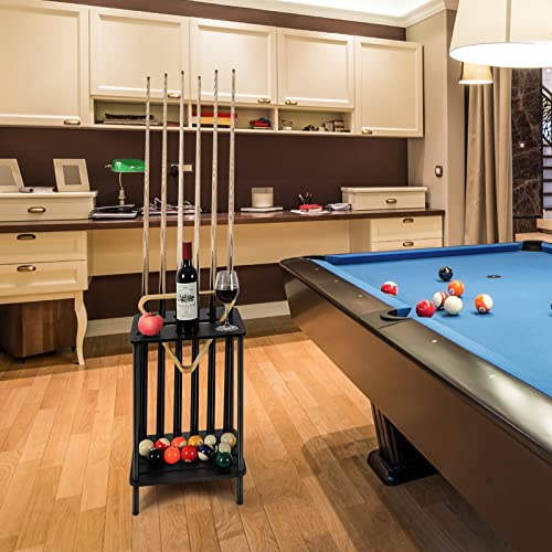 Vrisa Pool Stick Holder Pool Table Accessories Pool Cue Holder Rack Billiard Cue Racks Set Cue Stick Holder Floor Stand Billiard Accessories Wood Billiard Cue Sticks Holds 6 Pool Cue Sticks, Black