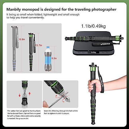 Monopods for Cameras Manbily Camera Monopod 61inches Walking Stick with Handle Portable Compact Travel Monopod Aluminum Alloy Selfie Stick 6 Sections 15.4lbs for DSLR Video Camcorder Stand (GREEN) - Image 3