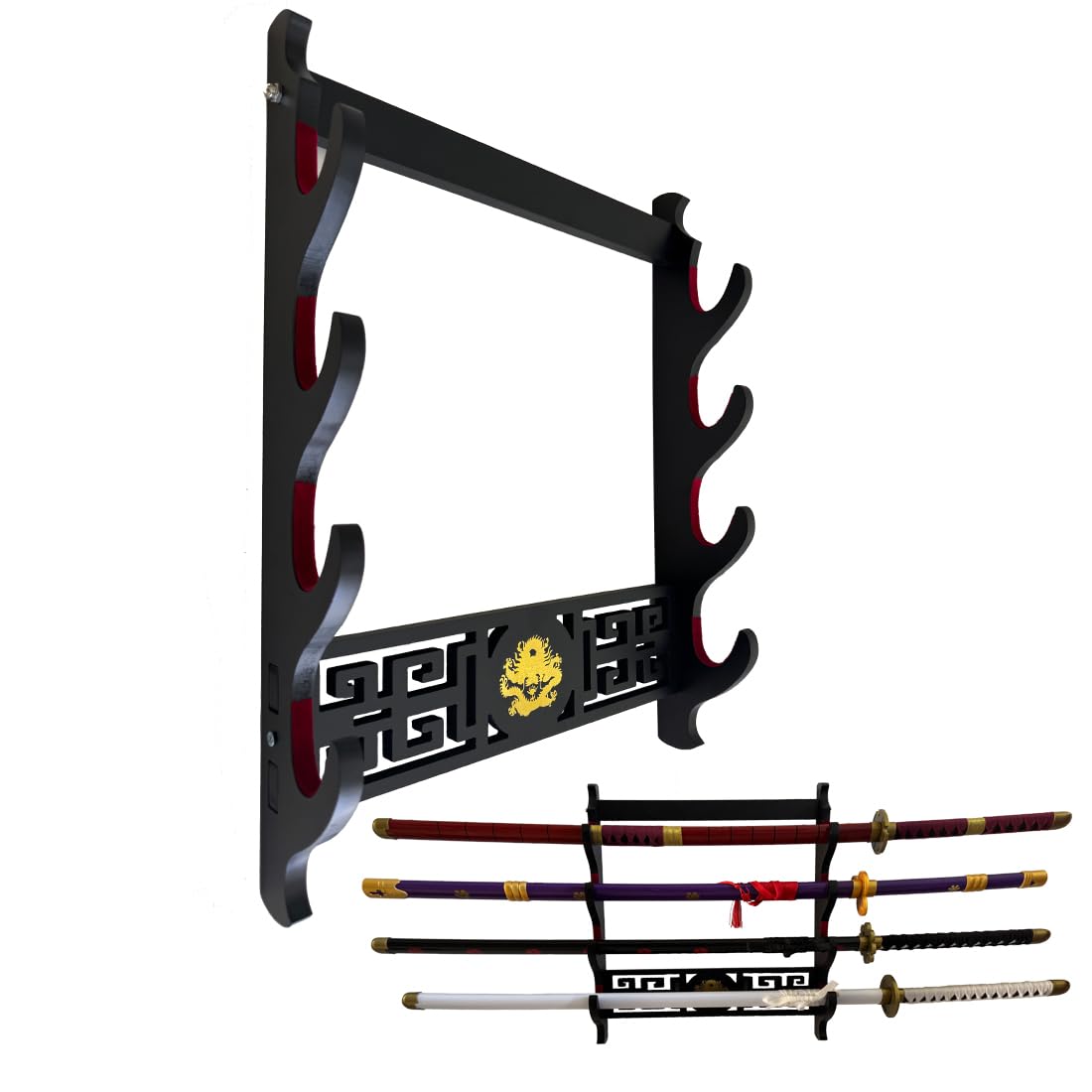 Support Mural épée Porte-épée présentoir rembourré Katana Wakizashi Genji et samouraï épées Motif Dragon,4 Tier
