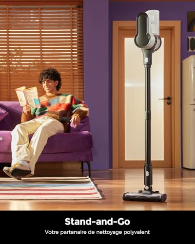 VACTechPro F02 Lite Aspirateur Balai sans Fil, 550 W/50 Min/50 KPa, avec Filtration 8 Couches, pour Sols, Tapis et Cheveux, Noir et Blanc