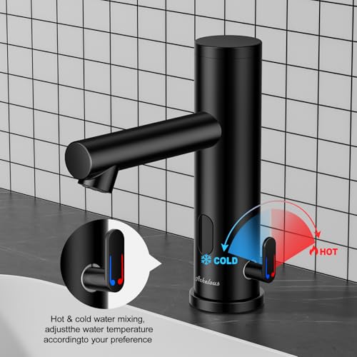 Achelous Infrarot Wasserhahn Bad für Waschbecken Badezimmer Automatischer Waschtischarmatur Handwaschbecken Mischbatterie Badarmatur Batteriebetrieb Badezimmerwaschbecken Wasserhähne mit Sensor Black