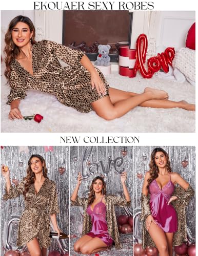 Image of Ekouaer Women's Satin Robe Valentines Lingerie for Women Kimono Bathrobe Short Ruffle Belted Robes Bridesmaids Sleepwear