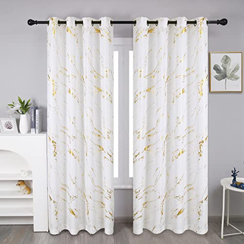 Taisier Home Gold Foil Print Linen Textured Curtains - Geometric Marble Pattern Design for Living Room - Thermal Insulated Window Treatment 2 Panels 84 L Off White and Gold