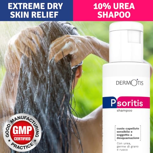 PsoriTIS 10% Urea Shampoo - Seborrhoische und Zu Psoriasis Neigende Kopfhaut | Seborrhoische Dermatitis, Schuppen, Pityriasis, Ichthyosis | Juckende, Schuppige, Entzündete Haut | Weizenkeimöl - 120ml