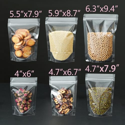Image of 50 Pcs Resealable Packaging Bags, clear stand up food pouch bags with resealable lock seal zipper for Packaging Products,Nuts,Snack,Tea,Spices,Treats,Pet Food and Soaps (4x6inch)