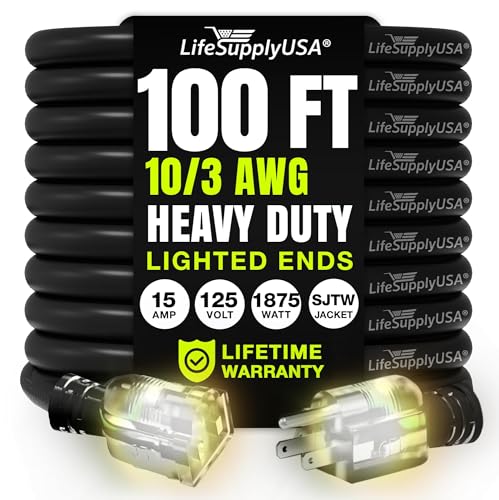 100ft Outdoor/Indoor Extension Cord 10/3 Gauge Ultra Heavy Duty 3 Prong SJTW, Waterproof, Flexible Cold-Resistant Long Power Cord,15A 125V 1875W, Black by LifeSupplyUSA