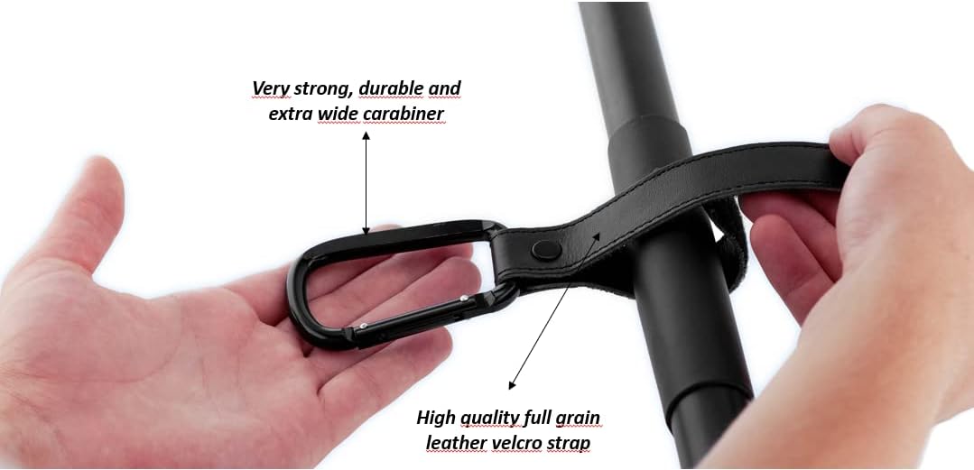 Brute Strength - Leather Stroller Hooks - Black 4X - Full Grain Leather - Mommy Hook - Stroller Clip - Bag Hook - Straps with Hooks - Carabiner Hook Clips