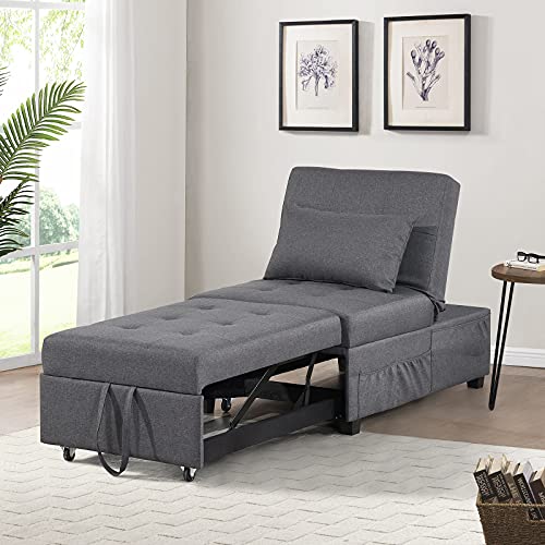 IPKIG Convertible Chair Sleeper Bed, 4 in 1 Multi-Function Sleeper Sofa Folding Ottoman Modern Linen Fabric Guest Bed with Lumbar Pillow and Adjustable Sleeper for Small Space Apartment (Dark Grey)