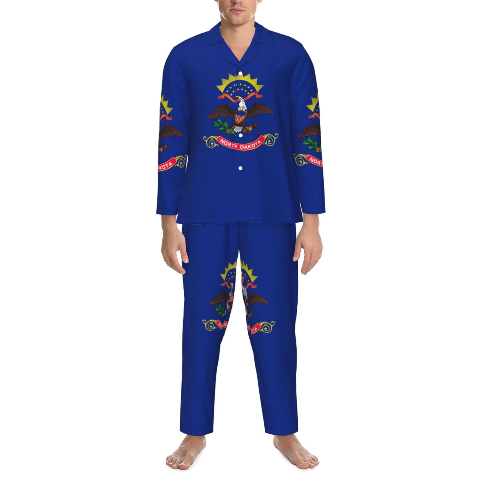 North Dakota State Flag Print męska piżama z długim rękawem zestaw bielizna nocna dwuczęściowy zestaw wypoczynkowy oddychająca bielizna nocna