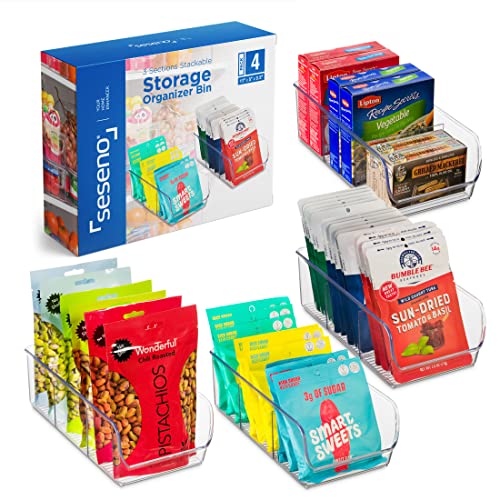 Set Of 4 Plastic Food Storage Organizer Bins - Divided 3 Compartment Kitchen Pantry Fridge Organizers For Food Packets, Seasoning, Spices, Sauce Packets, Pouches, Snacks - Clear Plastic Storage Rack #TOP7