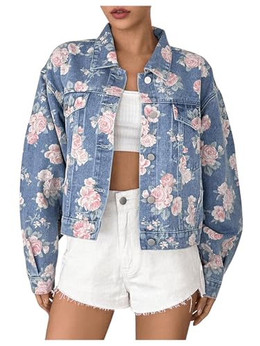 WDIRARA Women's Floral Print Button Down Denim Jacket Long Sleeve Outerwear Light Wash X-Large