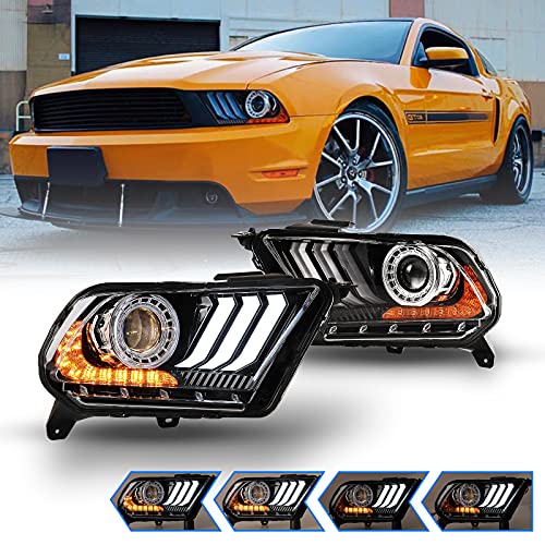 WOLFSTORM Headlight Assembly Fit for 2010 2011 2012 Ford Mustang,Sequential Dynamic Running Turn Design,Headlight Replacement for 2010 2011 2012 Ford Mustang with Halogen Bulbs Models