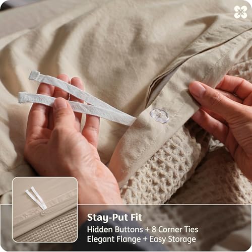 Image of Bedsure Cotton Duvet Cover Queen Size - 100% Cotton Waffle Weave Khaki Duvet Cover, PureWoven Textured Breathable Bedding Comforter Cover for All Season, Includes 1 Duvet Cover 90 inchx90 inch