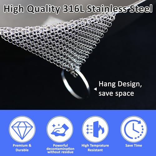 Image of 316L Stainless Steel Cast Iron Cleaner, Chainmail Scrubber,Kitchen Tool,Chain Mail Scrubber Cast Iron,for Hard Anodized Cookware, Pre-Seasoned Pans etc (15CM*15CM)