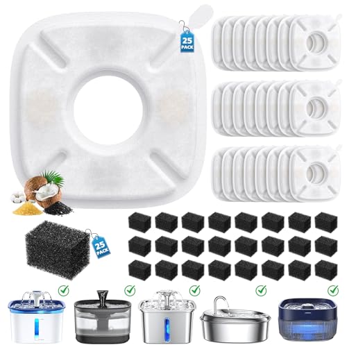 50 Pcs Cat Water Fountain Filters for Veken 95oz/2.8L 67oz 135oz Dog Water Fountain Automatic Pet Fountain Dog Water Dispenser 25Pcs Pet Fountain Filter Replacement & 25Pcs Pre-Filter Sponges