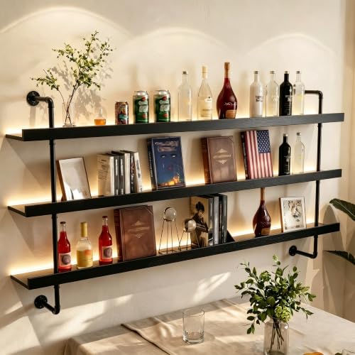 Image of HOUSESET 36 /48 /60 /72 /84in Wine Wall Rack with Led Lights, 3-Tiers Modern Pipe Liquor Bottle Display Shelf, Bar Shelves Wall Mounted for Commercial Bar, Restaurant, Home