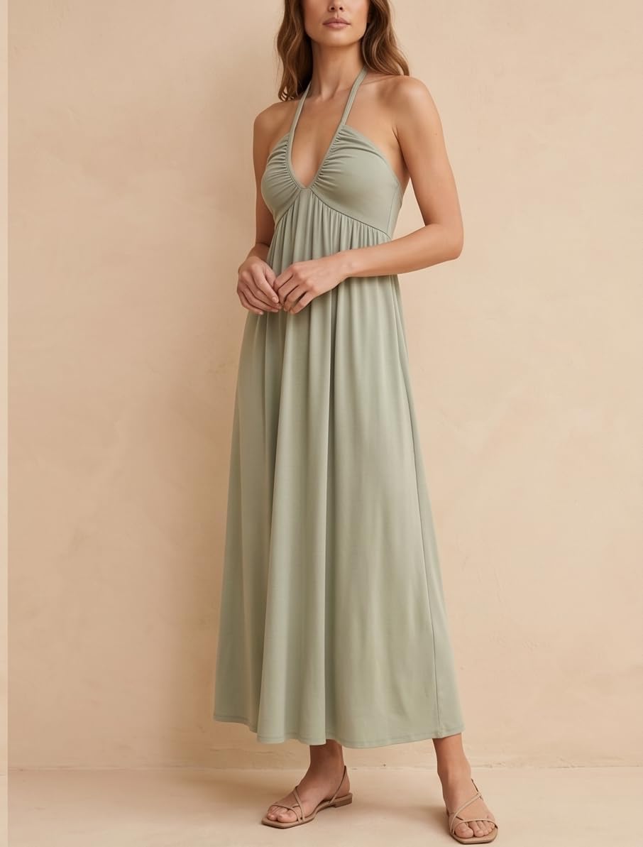 Women's Tie Back Maxi Halter Flowy Dress with Pockets