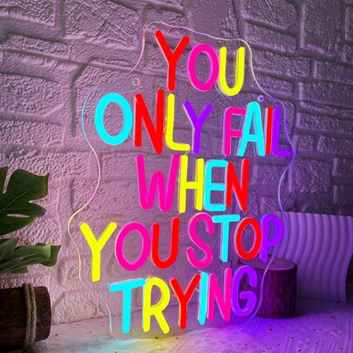Image of Mutank You Only Fail When You Stop Trying Neon Sign, Motivational Neon Light USB Powered LED Dimmable, for Office Gym Classroom Study Room Library Inspirational Sign(13.8 * 11 In)