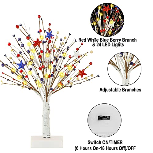 4Th Of July Decorations 18 Inch Patriotic Decor Tree With 24 Led Light And Red White Blue Star Berry, Usb/Battery Operated Fourth Of July Decor Tree Light Memorial Day Decorations For Home Table Party #TOP2