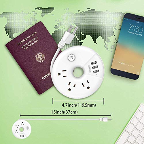 NTONPOWER Travel Power Strip Bundle, 3 Outlets 3 USB Portable Desktop Charging Station with 15 inch Short Cord and 5ft Extension Cord for Office, Home, Hotels, Cruise Ship, Nightstand - White - image 4
