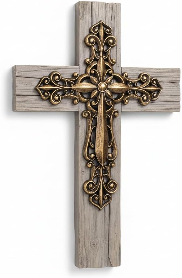 Comfy Hour 13" Decorative Layered Wall Cross, Antique Style Copper Tone Cross on Rustic Wood Look Base, Artisan Crafted Resin Plaque for Home and Office Wall Art