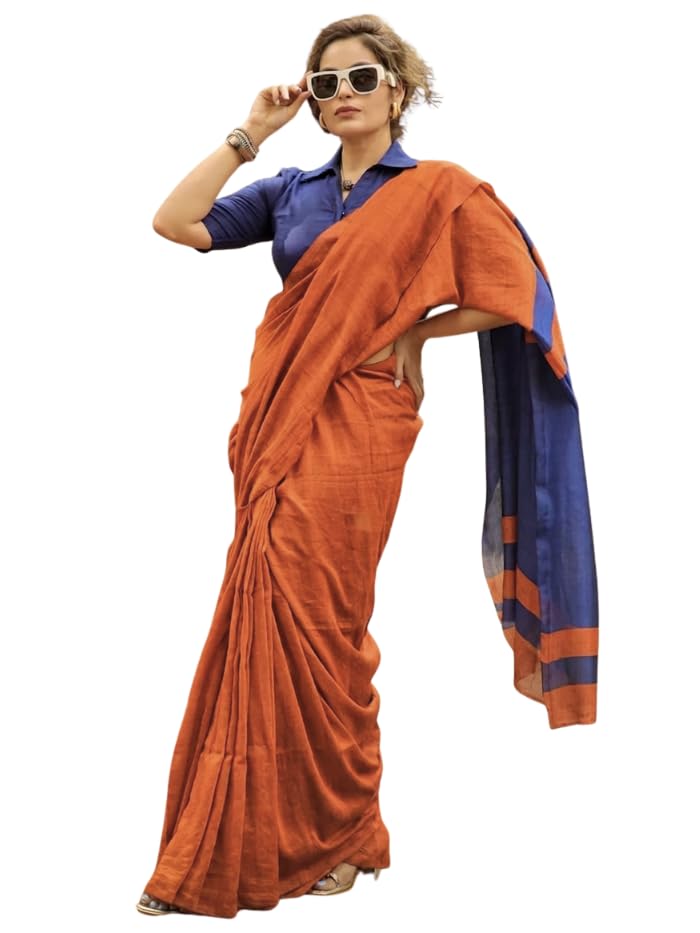 Image of Women's Cotton Woven Soft Sarees With Attach Blouse Piece.