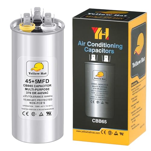 Capacitor for Air Conditioner 45+5 uf MFD 370 or 440 Volt VAC, Multi-Purpose Round Capacitor for AC Motor Run or Fan Motor Start or Condenser Straight