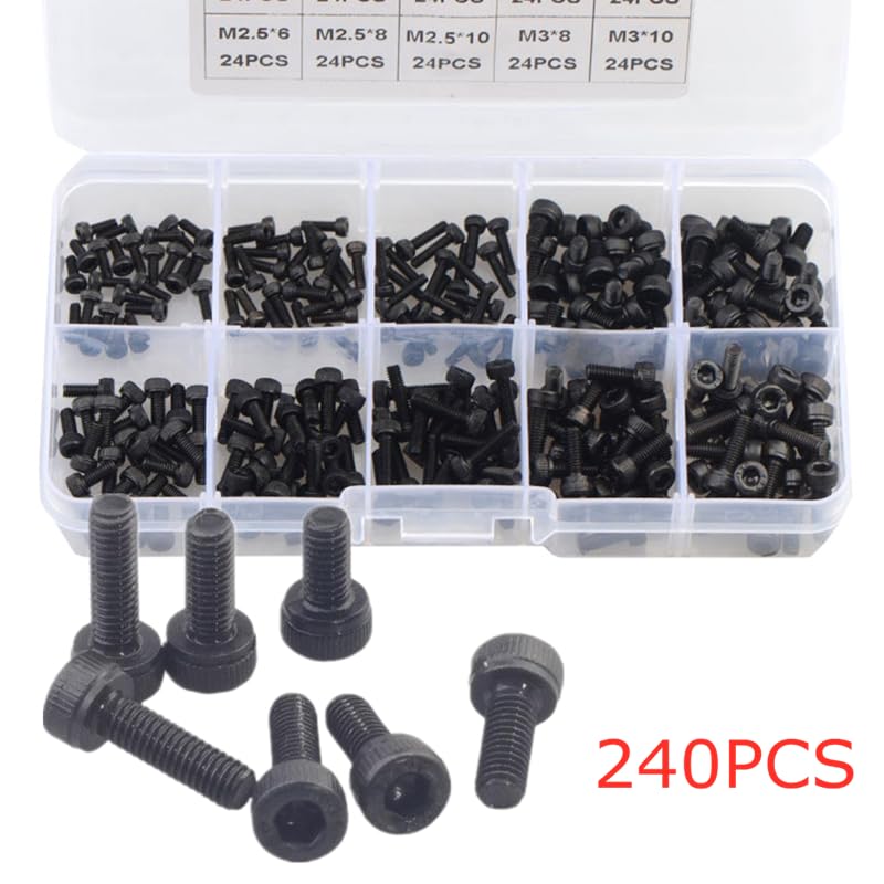 240pcs Hex Hexagon Socket Head Cap Screw 12.9 Grade Back Carbon Steel M2 M2.5 M3 Screw Set Bolt Assortment Kit DIN912 - (Color: 240PCS)