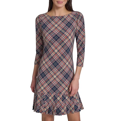 Image of Tommy Hilfiger Women's 3 /4 Sleeve High Neck Ruffle Trim Jersey Mini Dress