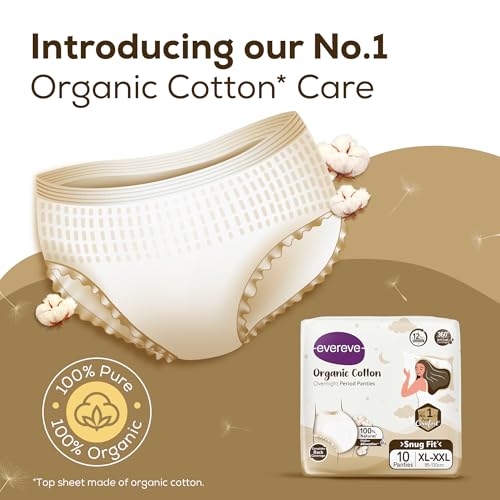 Image of Evereve Organic Cotton Period Panty for Girls & Women, (XL-XXL), 10 Pcs, 360 Degree Overnight Coverage, 100% Natural Comfort, High Absorbency for Heavy Flow, Maternity Postpartum Disposable Panty