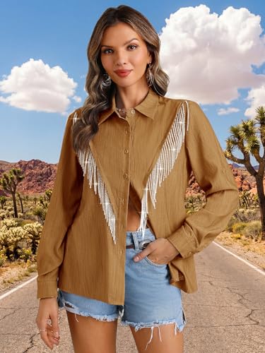 Image of MYMORE Womens Sparkly Fringe Shirt Western Cowgirl Country Concert Outfit
