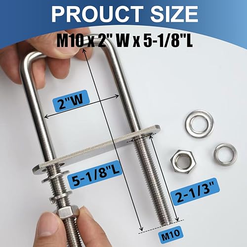 Image of 4 Pcs M10 Square U Bolts 2 Inch Wide, 3 /8 inch x 2 inchW x 5-1 /8 inchL | 304 Stainless U Bolt Heavy Duty with Nuts,Bolt Plate and Washers,Square U Bolts 2 inch Wide,Metric bolts