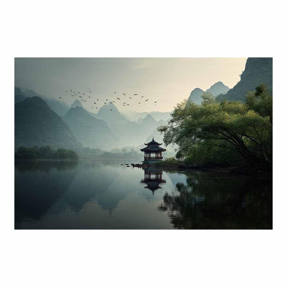 Huyeei Green Canvas Print Wall Art Lakeside Pavilionss In The Mist Modern Nature Landscape Poster, For Living Room, Bedroom,Corridor Office Room Decoretc.(Green)-40X60cm Unframed