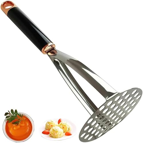 COKEENA Triturador de patatas de acero inoxidable 1810, profesional 304 de acero inoxidable integrado con mango largo negro para frijoles,