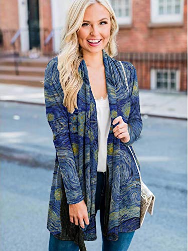 Oil Painting Van Gogh's Starry Sky Long Cardigans for Women Loose Casual Long Sleeved Light Weight Open Front Cardigans (Blue,Medium)