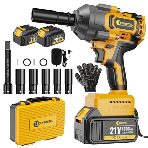 Conentool Impact Wrench Cordless, 1300N.m Brushless Impact Gun 1/2", 21V Electric Rotary with 2*4.0Ah Battery and Chargers,12PCS drill Bits,Carry Box for Your Family Car/Pickup Truck/Mower/Motorcycle