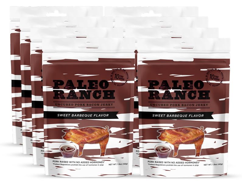 PALEO RANCH Cecina de tocino sin curar, barbacoa dulce, sin hormonas añadidas, sin conservantes, bolsas de 1.5 onzas, (paquete de 8)