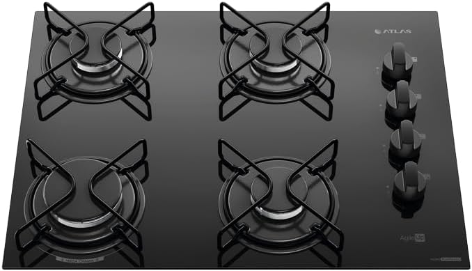 Cooktop 4 Bocas Preto Mesa de Vidro Atlas Agile Up Mega Chama Bivolt