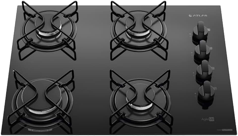 Cooktop 4 Bocas Preto Mesa de Vidro Atlas Agile Up Mega Chama Bivolt