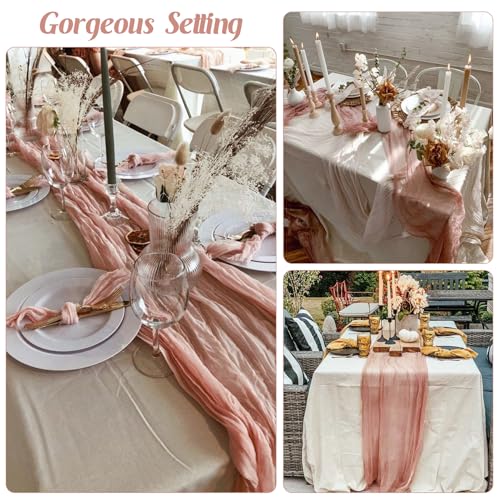 6 Pieces Dark Rose 10FT Cheesecloth Table Runner Boho Gauze Fabric Table Runner Rustic Sheer Runner for Wedding Birthday Baby Shower Party Boho Table Decoration（Dark Rose） by JALANCY - Used condition - Image 6
